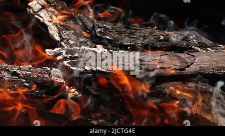 Brennendes Feuerholz aus nächster Nähe. Grillholz, Flammenfeuer, Asche-Kohlen im Freien. Rauch, der von brennenden Holzstämmen aufgeht, Lagerfeuer, orange Flammen Stockfoto