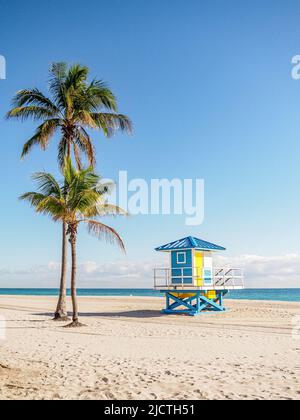 Farbenfrohe, blau-gelbe Rettungsschwimmerstation am Strand mit Palmen und blauem Himmel als Kopierfläche. Stockfoto