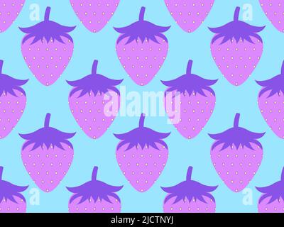 Strawberry Nahtloses Muster. Lila Erdbeeren auf blauem Hintergrund im Retro-Stil von 80s. Design für Banner, Poster und Werbeartikel. Vektor Stock Vektor