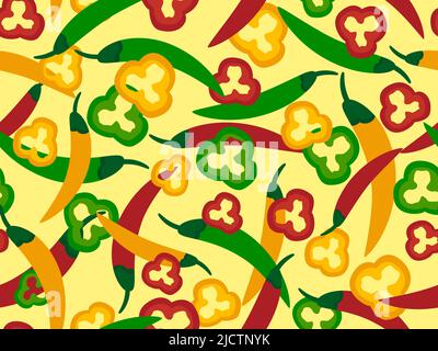 Nahtloses Pfeffermuster. Mehrfarbige Chilischoten im Kreis und ganz. Design für Stoffdruck, Banner und Poster. Vektorgrafik Stock Vektor