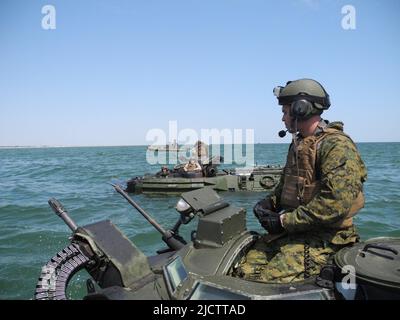 US-Marinesoldaten und Matrosen der Marine mit der Sicherheitskooperation Task Force Africa Partnership Station 2012 (SCTF APS-12) inszenieren amphibische Sturmfahrzeuge in Stockfoto