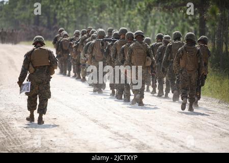 US-Marineinfanteristen mit Charlie Company, 1. Bataillon, 8. Marine Regiment (1/8), 2D Marine Division, marschieren in Formation, um über einen neuen Bericht informiert zu werden Stockfoto