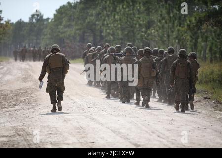 US-Marineinfanteristen mit Charlie Company, 1. Bataillon, 8. Marine Regiment (1/8), 2D Marine Division, marschieren in Formation, um über einen neuen Bericht informiert zu werden Stockfoto