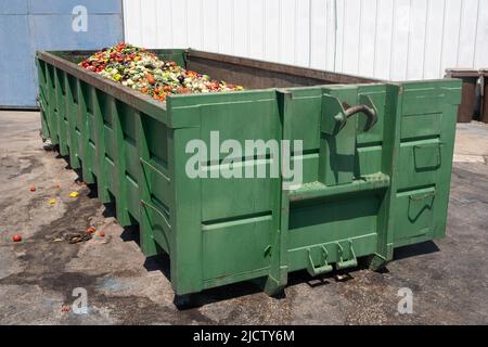 Mischung aus abgelaufenem Gemüse in einem riesigen Behälter, organischer Bioabfall in einem Abfalleimer. Haufen Kompost aus Gemüse oder Futter für Tiere. Stockfoto