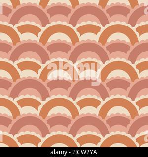 Nahtloses Vektor-Muster mit Schallkallopskallopmuster. Natürliches erdiges Braun, Orange und Pink in geometrischem Boho-Design. Wiederholen Sie den Oberflächenstrukturdruck des Hintergrunds. Stock Vektor