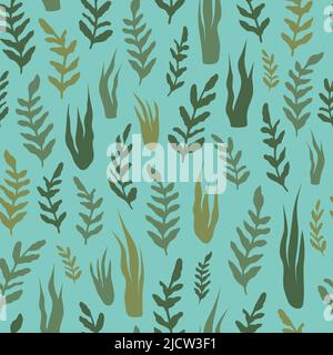 Seegras und Seegras nahtloses Vektormuster. Aqua und grün botanische Wasserpflanzen Illustration. Modern, organisch, trendy, grafischer Wiederholungsdruck. Stock Vektor