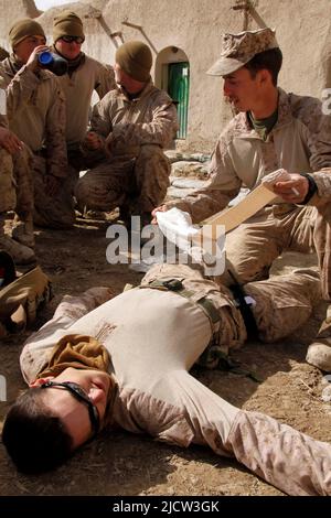 U.S. Navy Hospital Corpsman HN Issac K. Hensschon (rechts) mit 1. Bataillon, 8. Marine Regiment (1/8), Regimental Combat Team 6, gibt einen Überblick über die Admini Stockfoto