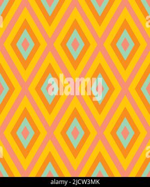 Lebendiges, farbenfrohes, geometrisches, nahtloses Vektormuster mit Rauten. Leuchtender Mehrfarbendruck. Modern, zeitgemäß, witzig, Geo-Oberflächenstruktur. Stock Vektor