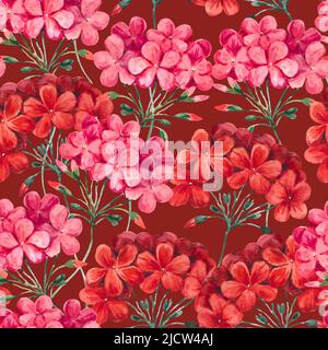 Aquarell nahtloses Muster aus Geranienblüten und Blättern. Botanische Illustration, farbenfroher Hintergrund für Design und Dekor. Stockfoto