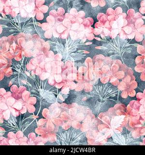 Aquarell nahtloses Muster aus Geranienblüten und Blättern. Botanische Illustration, farbenfroher Hintergrund für Design und Dekor. Stockfoto