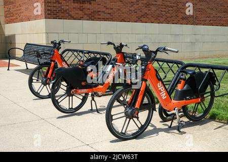 State College, Usa. 15.. Juni 2022. Spin-Elektrofahrräder (E-Bikes) werden vor dem Forest Resources Building auf dem Campus der Penn State University geparkt. Penn State Transportation Services hat sich mit dem Borough of State College und Spin, einem Unternehmen für Mikromobilität im Besitz des Berliner TIER Mobility, zusammen gesetzt, um rund 300 vermietbare E-Bikes auf dem Campus und im Stadtteil bereitzustellen. Kredit: SOPA Images Limited/Alamy Live Nachrichten Stockfoto