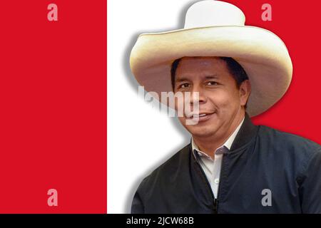 Pedro Castillo und Flagge von Peru Stockfoto