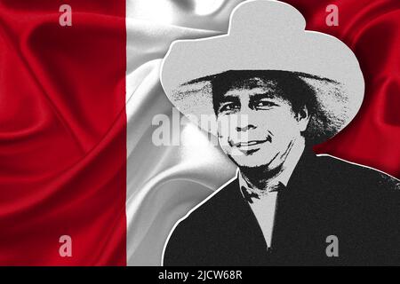 Pedro Castillo und Flagge von Peru Stockfoto