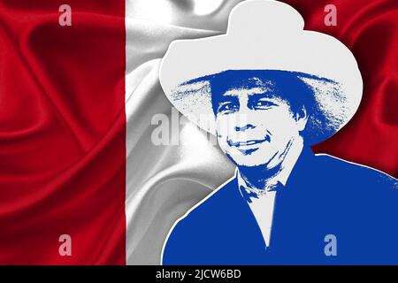 Pedro Castillo und Flagge von Peru Stockfoto