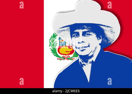 Pedro Castillo und Flagge von Peru Stockfoto