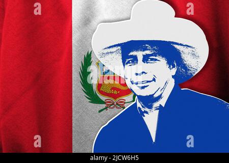 Pedro Castillo und Flagge von Peru Stockfoto