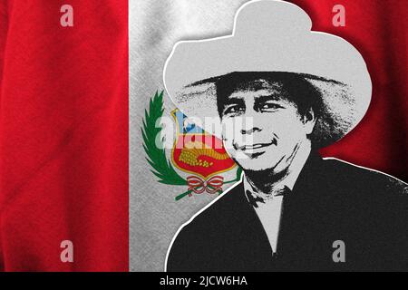 Pedro Castillo und Flagge von Peru Stockfoto