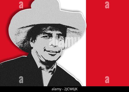 Pedro Castillo und Flagge von Peru Stockfoto