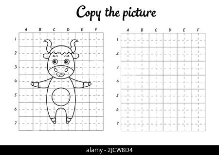 Kopieren Sie das Bild. Zeichnen durch Raster. Malbuch-Seiten für Kinder. Handschrift üben, Zeichnen Fähigkeiten Training. Bildung Entwicklung druckbarer Arbeitsblätter. Stock Vektor