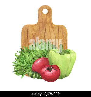 Reife Tomaten, Rosmarin, grüne Glocke und Chili, Schneidebrett auf weißem Hintergrund. Aquarelldarstellung. Kunstdekoration Stockfoto