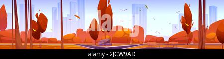 Herbstlicher Stadtpark mit Bäumen mit roten Blättern, Holzbänken und moderner Stadt an der Skyline. Vektor-Cartoon-Illustration von leeren öffentlichen Gartenlandschaft mit Orangengras, Büschen und fliegenden Vögeln Stock Vektor