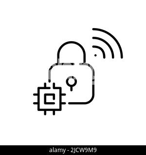 Smart Lock Sicherheitssystem mit CPU. Pixel-perfektes, bearbeitbares Strichsymbol Stock Vektor