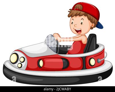 Ein Junge Reiten Stoßstange Auto Cartoon Illustration Stock Vektor