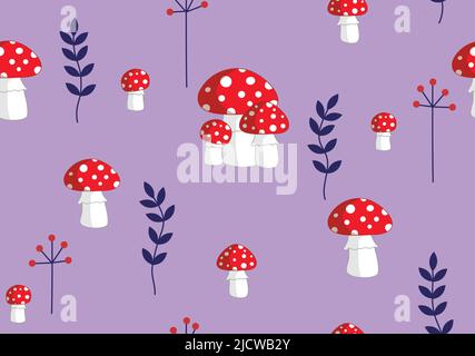 Nahtloses Muster. Pilz-Zehenhocker. Fly-Agarics Row. Amanitas-Muster. Vektorgrafik im flachen Stil. Kann zum Drucken von Verpackungen oder einer Wiederholung verwendet werden Stock Vektor