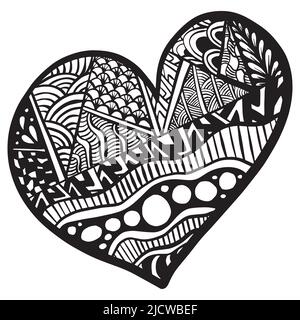 Vektor handgezeichnete schwarze Herzen im zentangle Stil. Zen Doodle Muster für ausmalen. Valentinstag Hintergrund. Färbung monochrome Seite für Stock Vektor