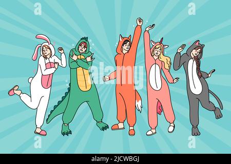 Glückliche Menschen in lustigen Tierkostümen tanzen und Spaß haben. Freundschaft und Party. Flache Vektorgrafik. Stock Vektor