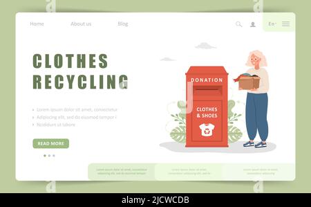 Vorlage für Landing Page zum Recycling von Kleidung. Ältere Frau mit Pappkarton gibt Sachen zur Spende. Kleiderkorb oder Recycling-Behälter. Freiwilligenarbeit Stock Vektor