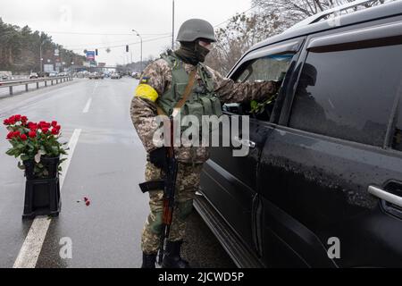 BROVARY, UKRAINE 08. März. Ein Mitglied des ukrainischen Militärs übergibt einem Fahrer zum Internationalen Frauentag an einem Kontrollpunkt in der Nähe der Stadt Brovary außerhalb von Kiew, während der russischen Invasion der Ukraine am 08. März 2022 in Brovary, Ukraine, eine rote Rosenblume. Stockfoto