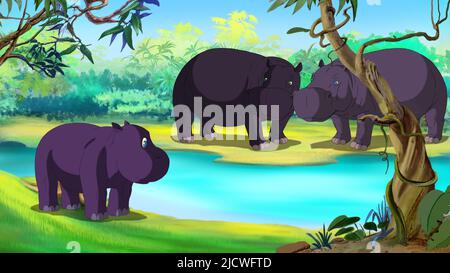 Little HippoLittle Hippo in der Nähe eines Flusses Angst vor Wasser. Digitale Malerei Cartoon-Stil Vollfarb Illustration. Stockfoto