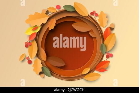 Herbsthintergrund mit papiergeschnittenem Ahorn, Eichenlaub Stock Vektor