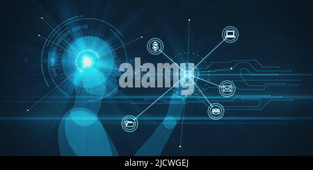 Künstliche Intelligenz Konzept mit blauen digitalen Roboter Silhouette drücken virtuelle Taste umgeben von technologischen Symbolen. 3D Rendern Stockfoto