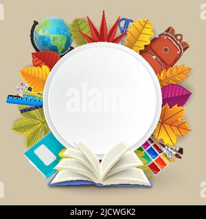 Zurück zur Schulkarte mit Vorrat und Herbstlaub Stock Vektor