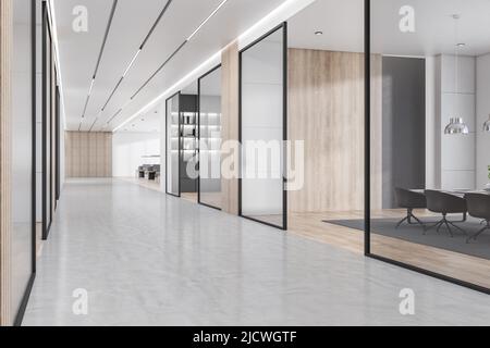 Seitenblick auf den stilvollen, geräumigen Bürosaal mit modernem, von Holzlatten und Betonboden getrimmtem Konferenzraum. 3D Rendern Stockfoto