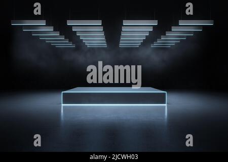 Blank dunkel beleuchtetes Podium in futuristischem Design Leerraum Halle mit metallischen Lichtern auf der Oberseite und Streulicht mit nebligen Effekt für Firma produ Stockfoto
