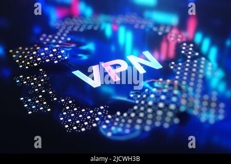 Virtuelles privates Netzwerkkonzept mit VPN-Zeichen auf abstrakter Neonlicht-Technologie-Kulisse. 3D Rendern Stockfoto