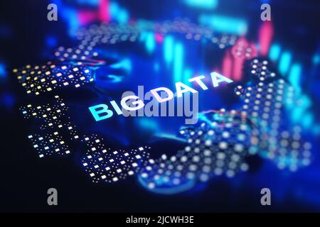 Konzept für Datenspeicherung und Internet-Technologien mit BIG-DATA-Phrase vor abstraktem, hellem Hintergrund. 3D Rendern Stockfoto