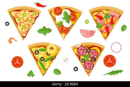 Verschiedene italienische Pizza-Scheiben-Vektor-Fastfood-Menü Stock Vektor