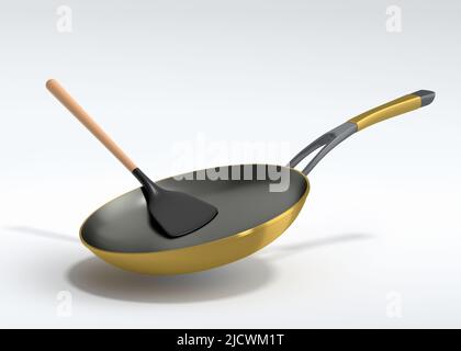 Bratpfanne mit Glasdeckel und massivem Drehspender aus Silikon auf weißem Hintergrund. 3D Render von antihaftbeschichteter Küchenutensilien Stockfoto