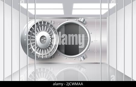 Vektor-Illustration: Offener Banksafe im Bunkerraum. Schutzgitter aus Metall, gegrillt und entriegelte Stahltür geöffnet. Realistisches Interieur der Bankhalle Stock Vektor