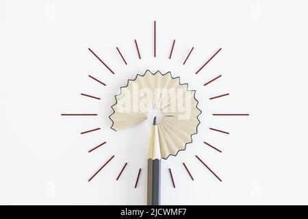 Kreatives Ideenkonzept mit unter einer Glühbirne verhüllten Bleistiftabferden und Bleistift auf Lichttapete. 3D Rendern Stockfoto