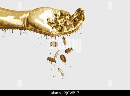 Goldene Hand und Münzen. Münzen in Handfläche fallen isoliert auf weißem Hintergrund. Glänzende Hand auf weißem Hintergrund. Goldfarbe. 3D Abbildung. Stockfoto