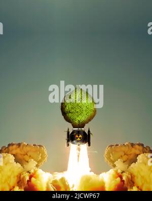 Psychologische Kriegsführung. Die Rakete wurde abgefeuert. Und Hintergrund. Fotobearbeitung. Symbolische Silhouette der Bombe. 3D Abbildung. Stockfoto