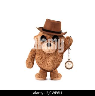 Der Plüschbär winkt mit einer antiken Taschenuhr. Fedora. Fotobearbeitung. Niedlicher Plüschbär. 3D Zeichnung. Plüsch Bär Charakter Design. Stockfoto