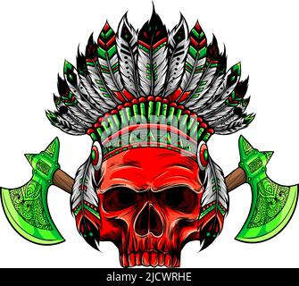 Indischer Schädel mit Kopfschmuck aus Federn. Der Anführer eines Indianerstamm. vektor. Stock Vektor