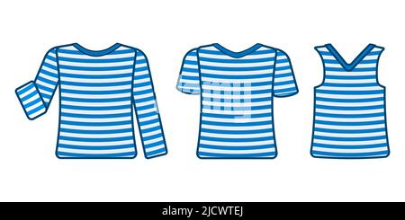 Set von gestreiften Seemann T-Shirt.Sea gestreiftes Hemd mit langen, kurzen Ärmeln und ärmellos in hellweißen blauen Farben.Meer und marine Reise Element.Vector Stock Vektor