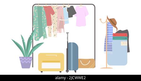 Kleidung, die auf dem Regal mit Zubehör-Vektor hängt Stock Vektor